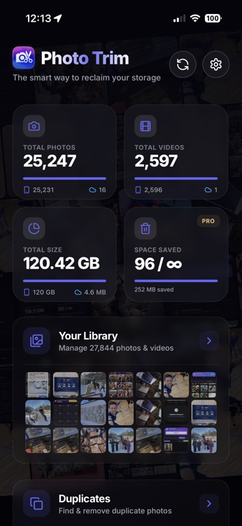 Photo Trim app dashboard showing storage breakdown and photo library